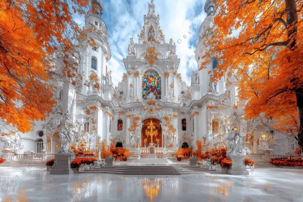 Digital artwork of a baroque cathedral surrounded by vibrant orange autumn trees.