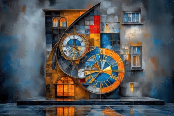 "Abstract digital painting of mechanical clocks against geometric background in orange and blue tones."
