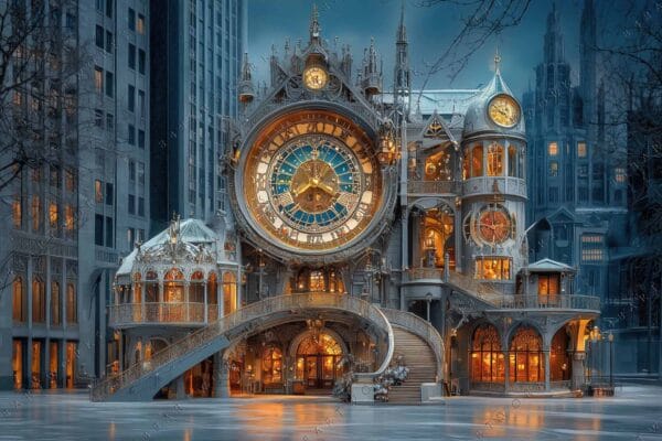 Digital art of a large, ornate clock tower with intricate architectural details.