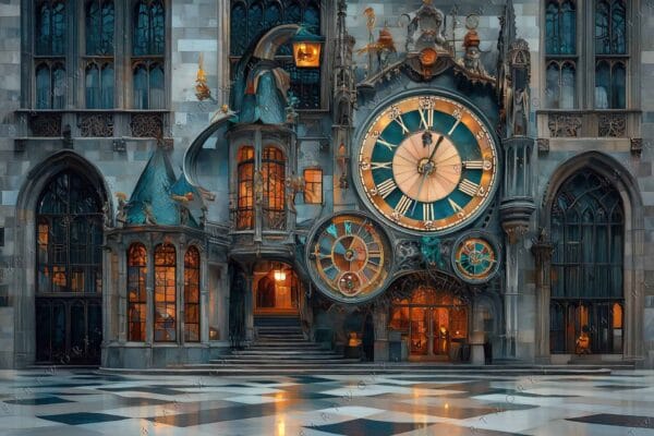"Fantasy architectural digital artwork featuring an ornate clock tower with teal and gold accents."