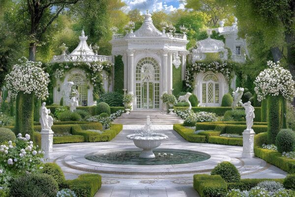 "Ornate digital painting of a lush neoclassical garden with statues and a fountain."