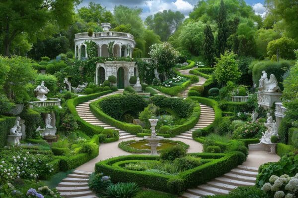 Digital painting of an ornate garden with verdant pathways and classical statues.