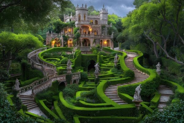 "Fantasy castle with lush gardens, winding paths, and statues under a moody sky."