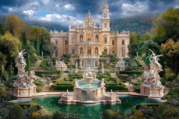 "Digital artwork of an ornate palace surrounded by lush gardens and marble fountains."