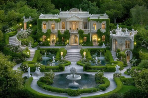 "Digital painting of a grand mansion with illuminated gardens and statues in lush greenery."