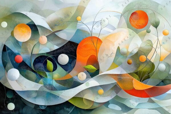 "Colorful abstract digital painting with overlapping circles and flowing lines."