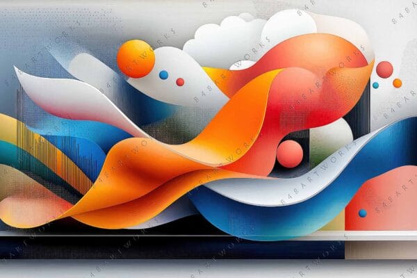 Abstract digital art with flowing orange, blue, and white shapes.
