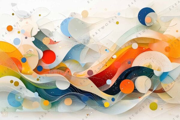 "Abstract digital art with swirling shapes in vibrant red, blue, and yellow hues."