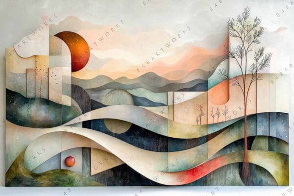 "Abstract landscape digital art with curved lines and warm pastel hues."
