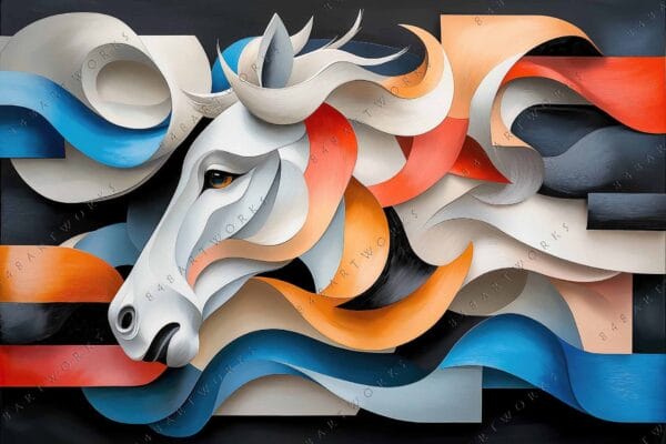 "Abstract digital art of a horse with flowing forms in blue, orange, and beige."