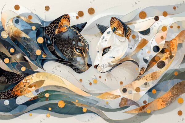 "Abstract digital art of two stylized cats with gold and blue swirling patterns."