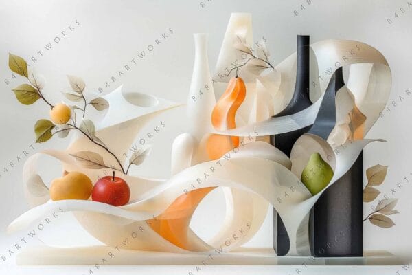 "Digital artwork of abstract still life with fruits, bottles, and leaves in soft tones."