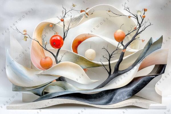 Futuristic digital artwork of abstract trees with red spheres and curved white shapes.