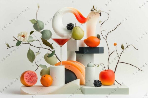 "Digital still life with fruits, foliage, and geometric shapes in soft pastel tones."