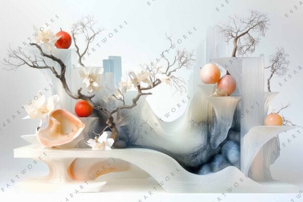 "Surreal digital artwork of abstract organic forms with branches and vibrant orange-red spheres."
