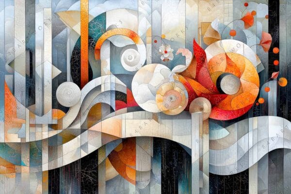 "Abstract digital painting with geometric shapes in orange, gray, and white tones."