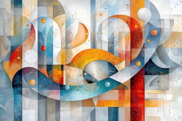 "Abstract digital artwork featuring geometric shapes in blue, orange, and gray tones."