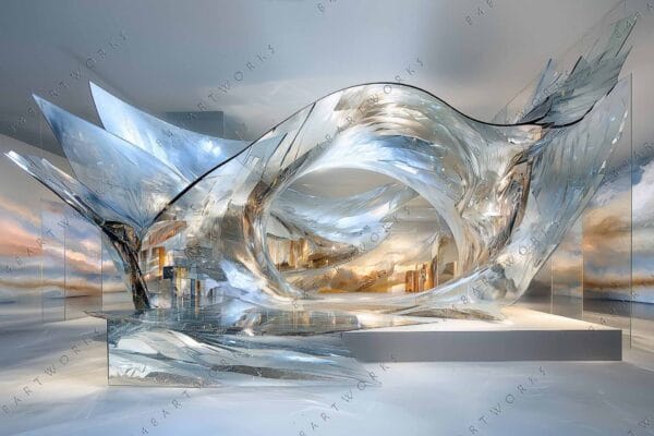 Futuristic digital artwork of abstract metallic structures in silver and gold tones.