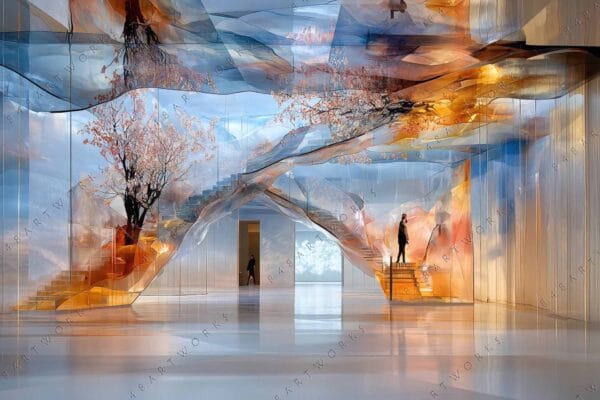 Futuristic digital art of an abstract interior with floating trees and transparent structures.