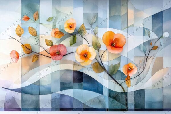 Abstract digital artwork of colorful flowers and leaves on a geometric blue background.