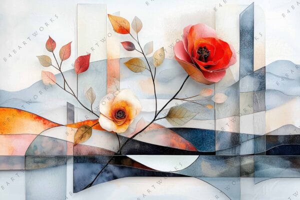 Abstract digital art of flowers and leaves with geometric shapes in earthy tones.