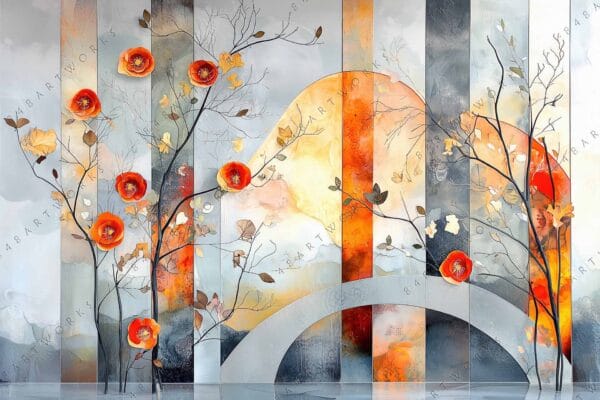 Digital painting of orange flowers on branches against abstract geometric background in warm tones.