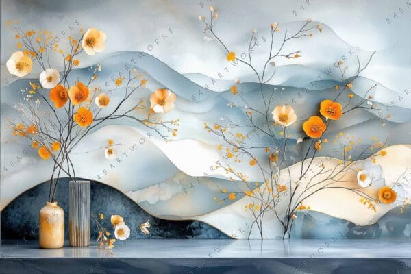 "Digital art of orange flowers and branches against abstract blue-gray background."
