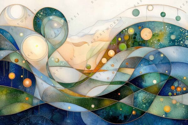 Abstract digital illustration with overlapping circles and waves in blues, greens, and gold.