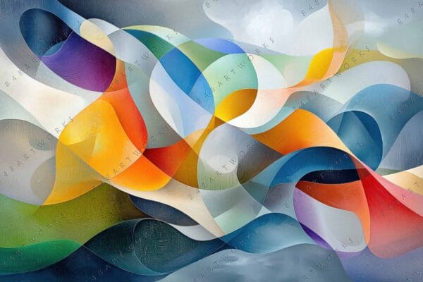 "Abstract digital art with flowing shapes in vibrant yellow, orange, blue, and green hues."