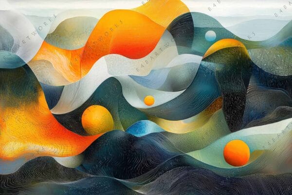 "Abstract digital artwork of swirling orange, blue, and gray patterns with textured details."