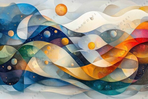 "Colorful abstract digital art with swirling shapes and concentric circles in blue and orange."