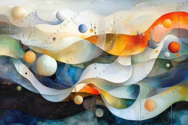 Abstract digital painting with swirling shapes and spheres in blue, orange, and gray tones.
