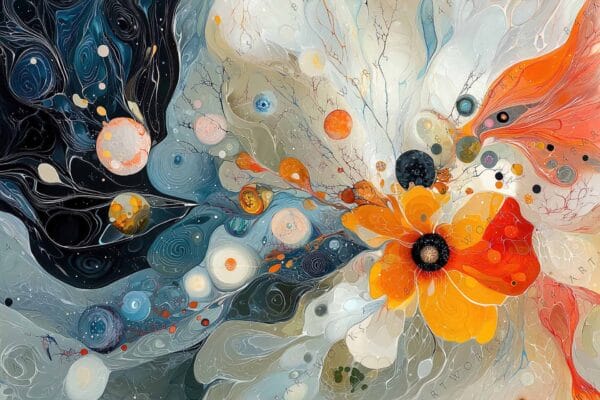 Abstract digital painting of swirling galaxies and flowers in orange, blue, and white.