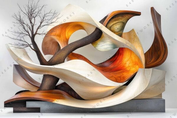 "Digital art sculpture of swirling wood ribbons and a tree with warm tones."