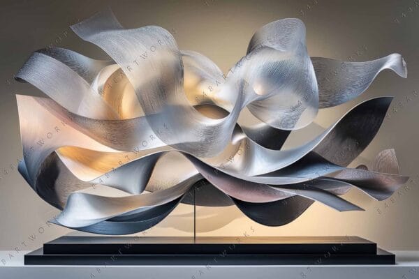 "Abstract metallic sculpture with interwoven ribbons in silver and beige tones."