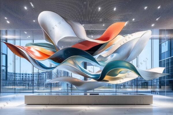 Futuristic digital art sculpture with colorful swirling ribbons in modern interior.