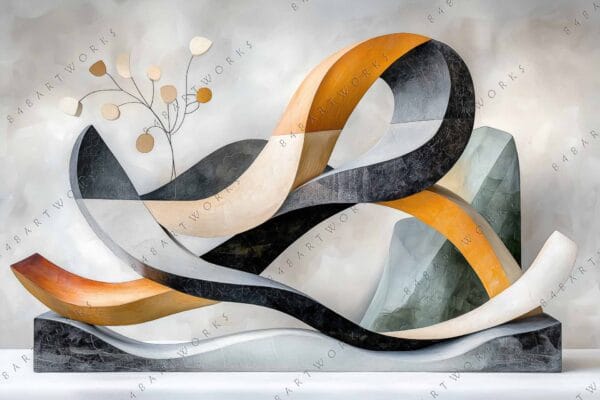 Abstract digital painting of intertwined ribbons in gray, black, and orange hues.