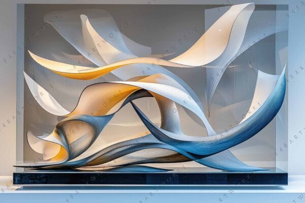 Abstract digital sculpture with flowing curves in shades of blue, white, and yellow.