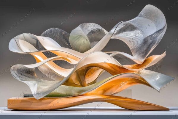 Sculpture with flowing translucent waves in orange and white on a wooden base.