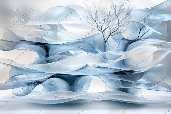 "Abstract digital art of bare trees among swirling translucent blue and gray waves."