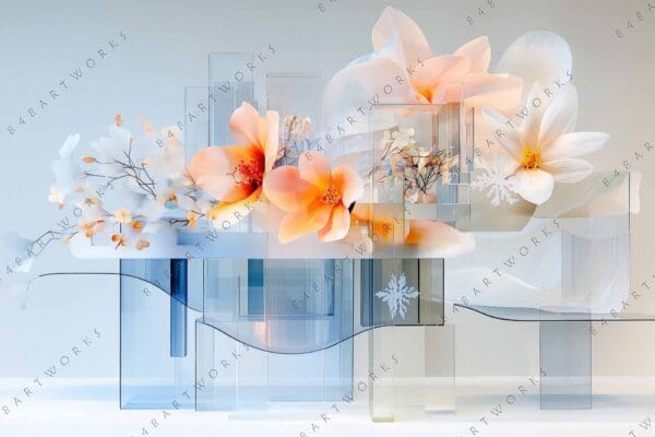 "Modern digital art of translucent structures and peach flowers on a gradient background."