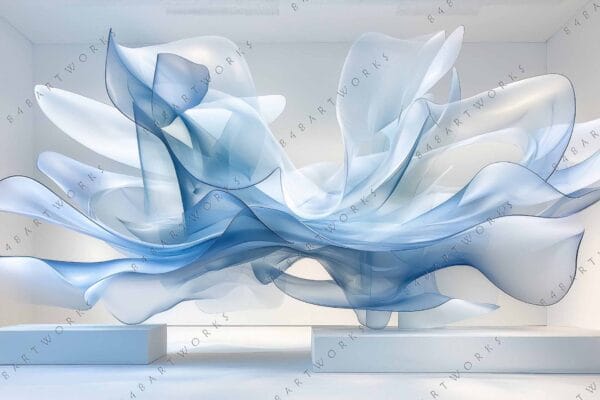 "Abstract digital art of flowing blue and white translucent waves in a minimalist setting."