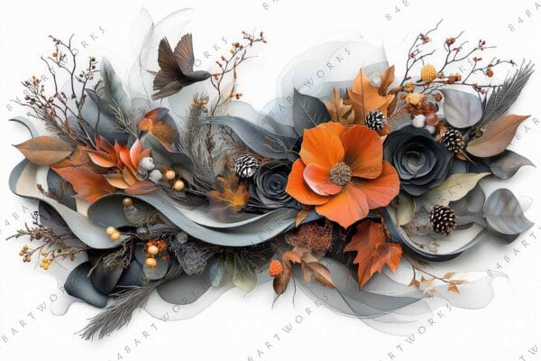 "Digital art of vibrant autumn flowers, leaves, and a hummingbird in earthy tones."