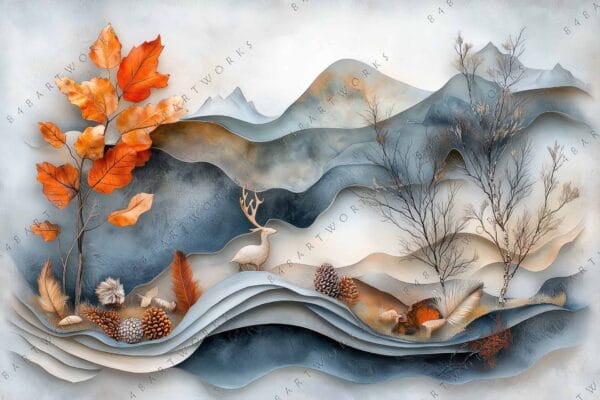 "Surreal digital art of autumn forest scene, layered mountains, and a deer in blues and oranges."