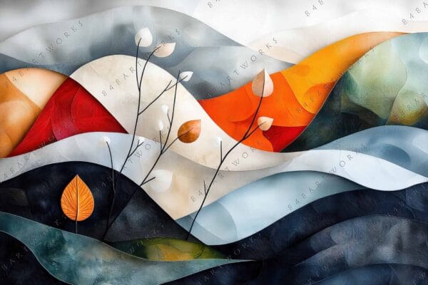 "Abstract landscape digital painting with autumn leaves, swirling colors in blues, oranges, and grays."
