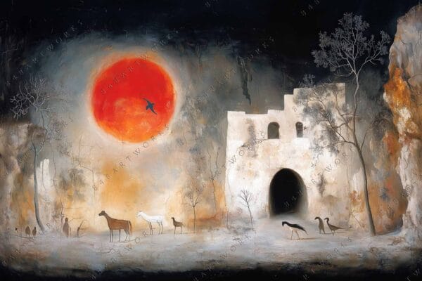 Surreal digital artwork of animals near red sun and ancient ruins in muted tones.