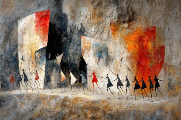 "Abstract painting of stick figures in dynamic poses with red, black, and white elements."