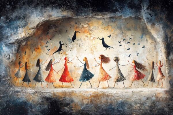 Abstract painting of dancing women in colorful dresses with flying birds, textured background.