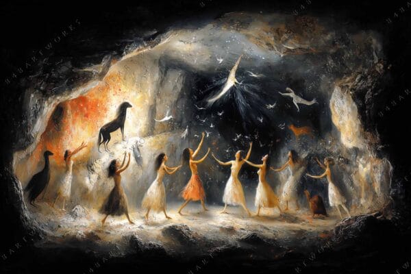 Abstract digital painting of dancers and animals in a dimly lit cave setting.