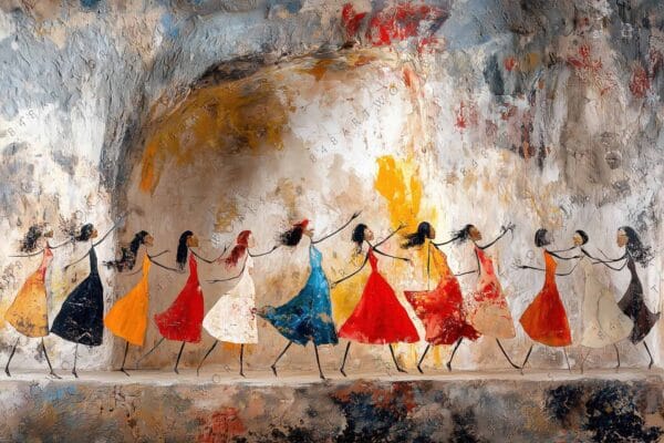 "Abstract painting of dancing figures in colorful dresses on textured, muted background."